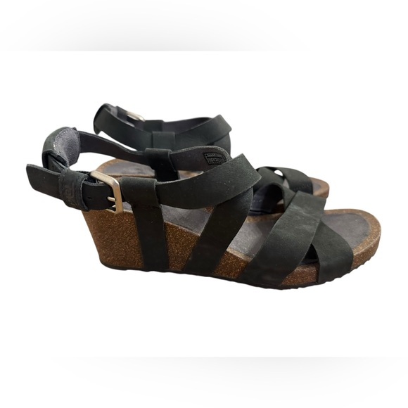 Teva Shoes - Teva Mahonia Sandals Women's 6 Black Nubuck Leather Strappy Cork Wedge Buckle